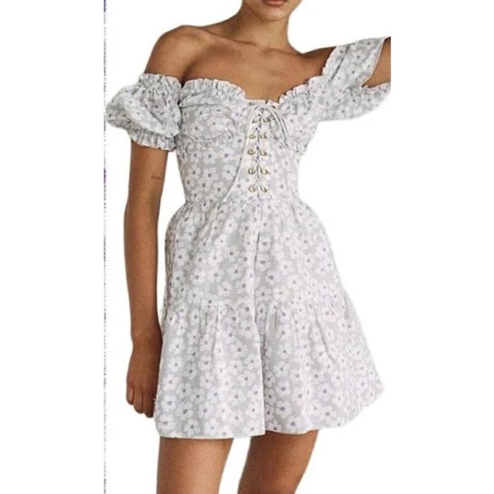 Sabo Skirt Gray Camryn Off Shoulder Floral Print Lace Up Mini Dress Size Small
